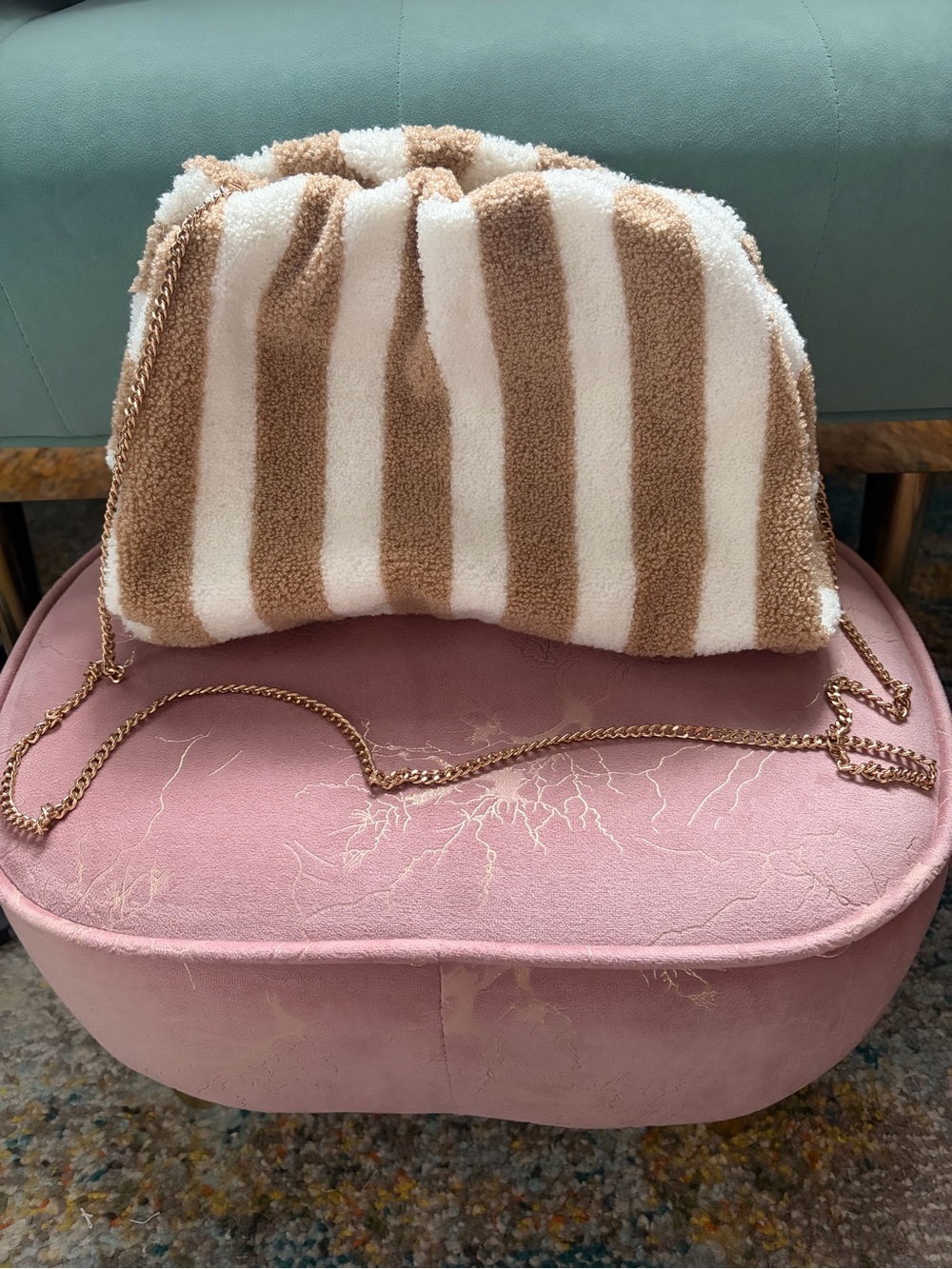 Anthropologie Striped Fuzzy Crossbody Bag in Cream and Tan